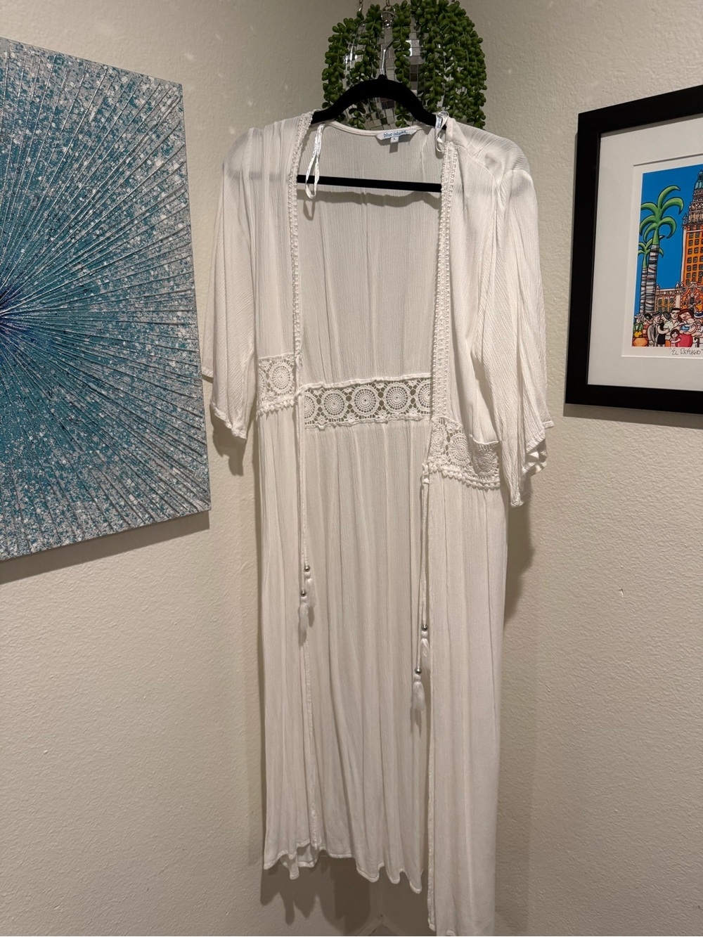 Blue Island White Crochet Lace Long Kimono Beach Cover Up Size L